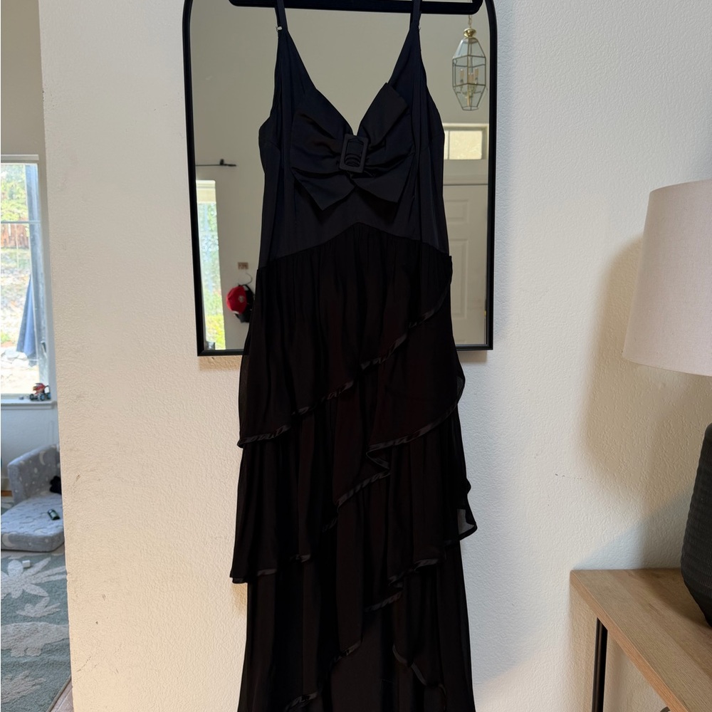 BHLDN Black Tiered High-Low Maxi Dress with Bow Bodice